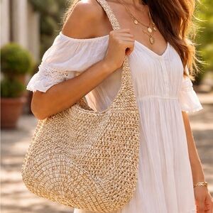 Cappelli Straworld Inc. Boho Woven Straw Tote Bag - Two-Tone Neutral